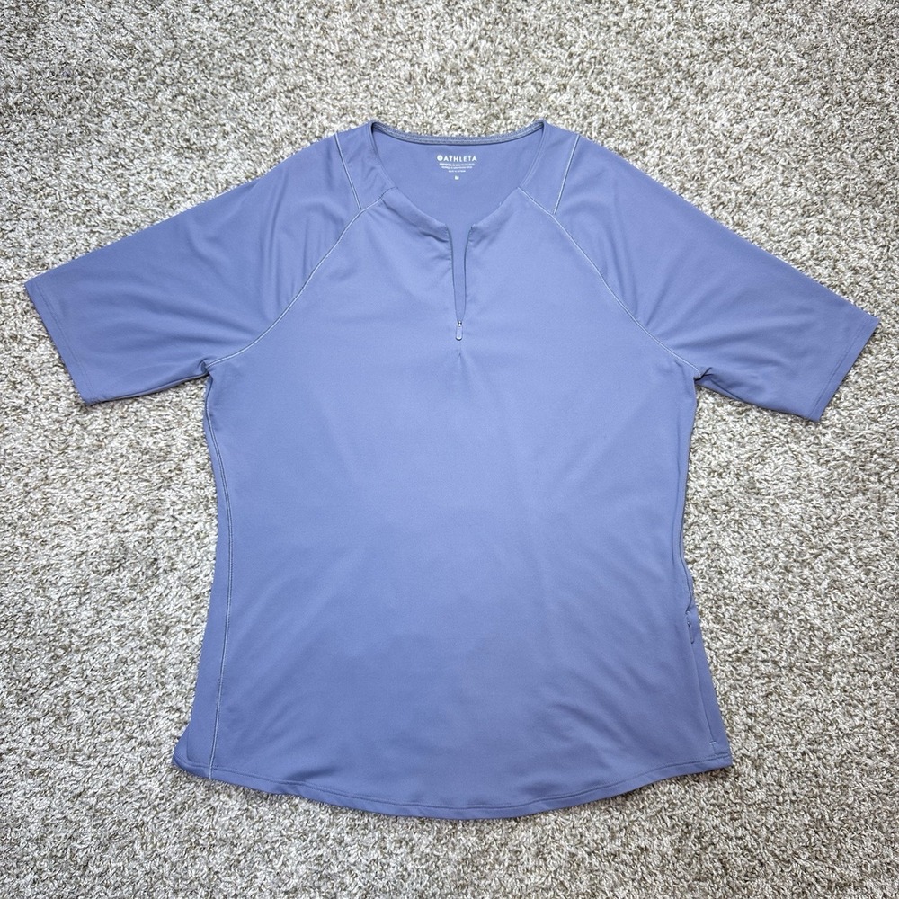 Athleta Womens M Blue Half Zip Short Sleeve Athletic Top Side Pocket Workout